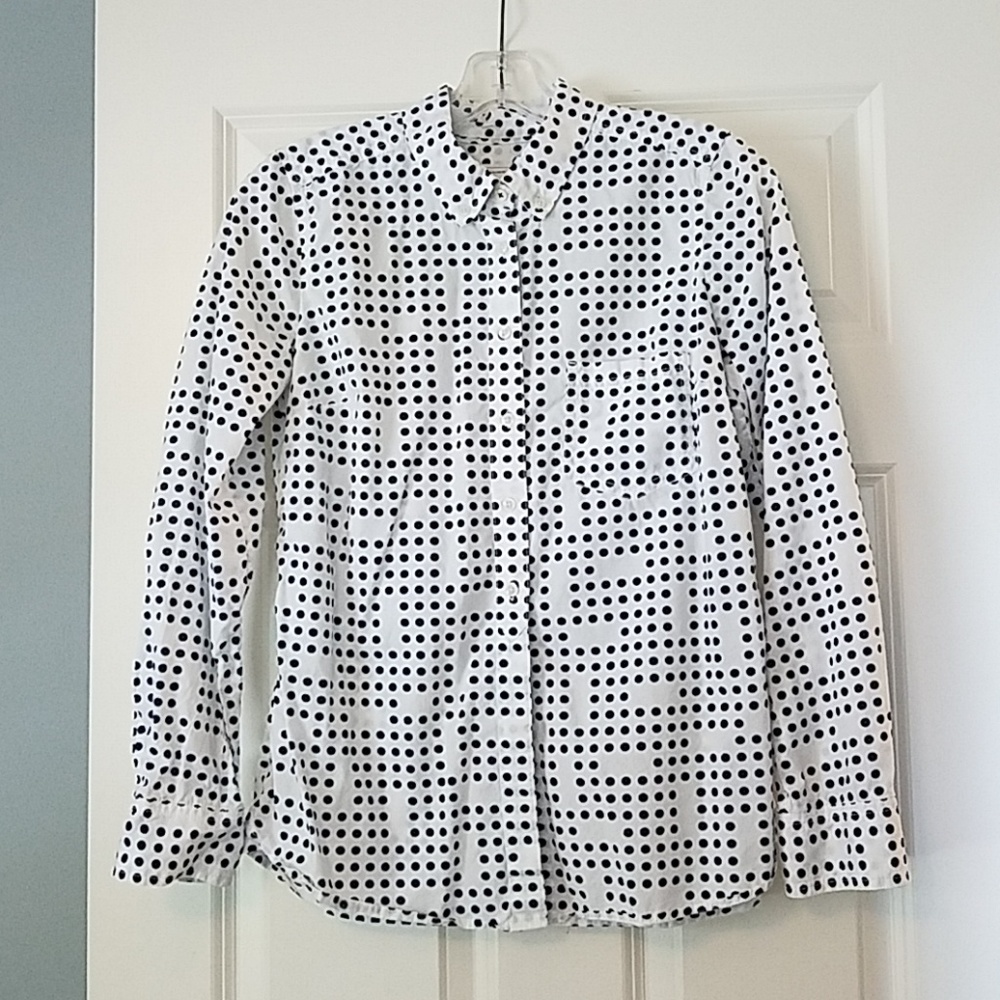 White button down shirt with navy dots